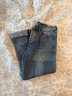 Free People Patchwork Cropped Blue Jeans